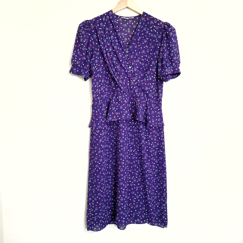 Vintage 80's Floral Print Faux Wrap Midi Dress
